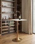 24" Beige and Gold Faux Terrazzo and Steel Square Bar Table