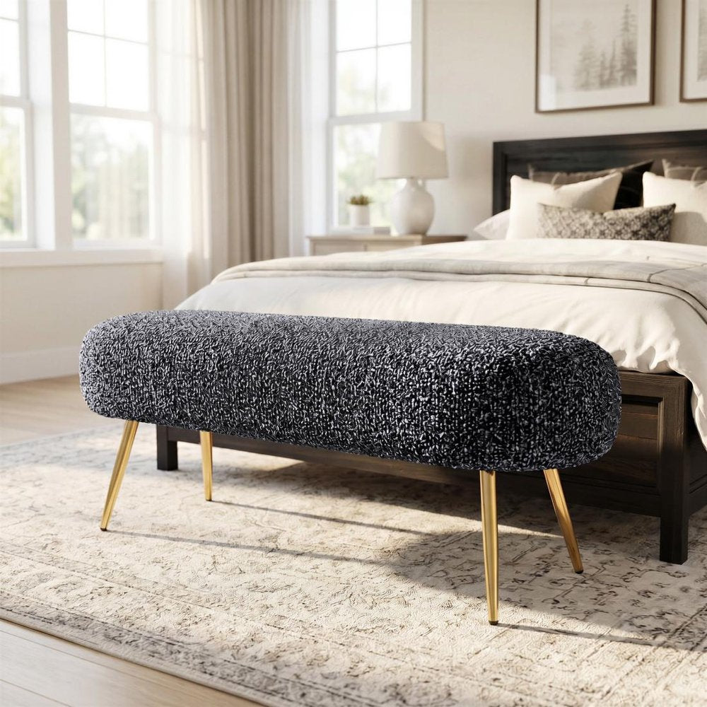 48" Black And Gold Velvet And Steel Upholstered Bench