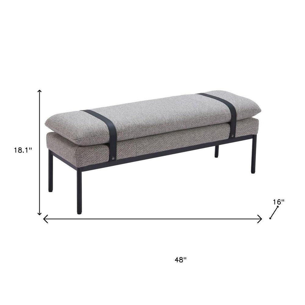 48" Gray And Black Fabric And Steel Upholstered Bench