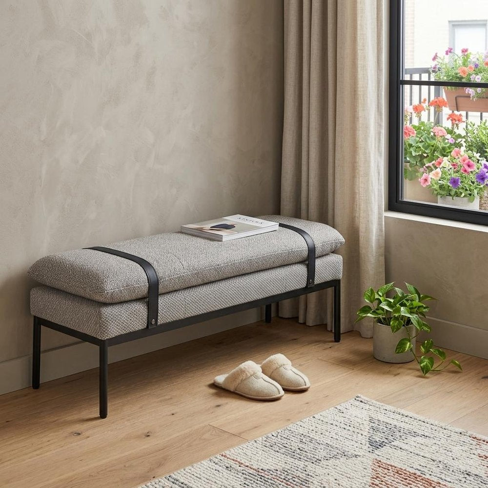 48" Gray And Black Fabric And Steel Upholstered Bench