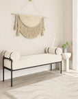 55" Cream and Black Corduroy and Steel Upholstered Bench