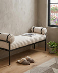 55" Cream and Black Corduroy and Steel Upholstered Bench