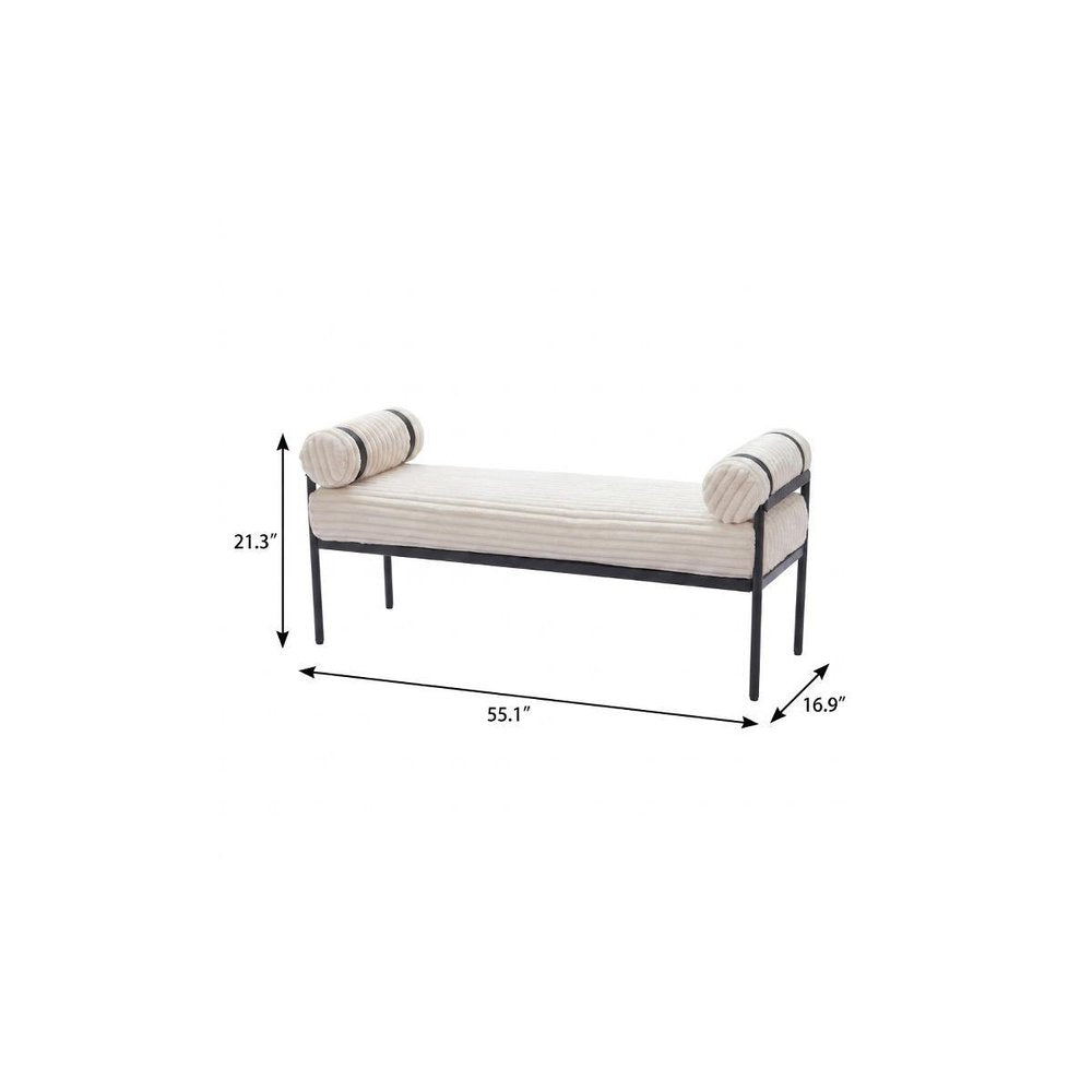 55" Cream and Black Corduroy and Steel Upholstered Bench
