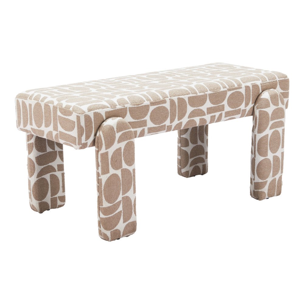 40" Beige And Brown Geometric Fabric Plastic And Solid Wood Upholstered Dining Bench