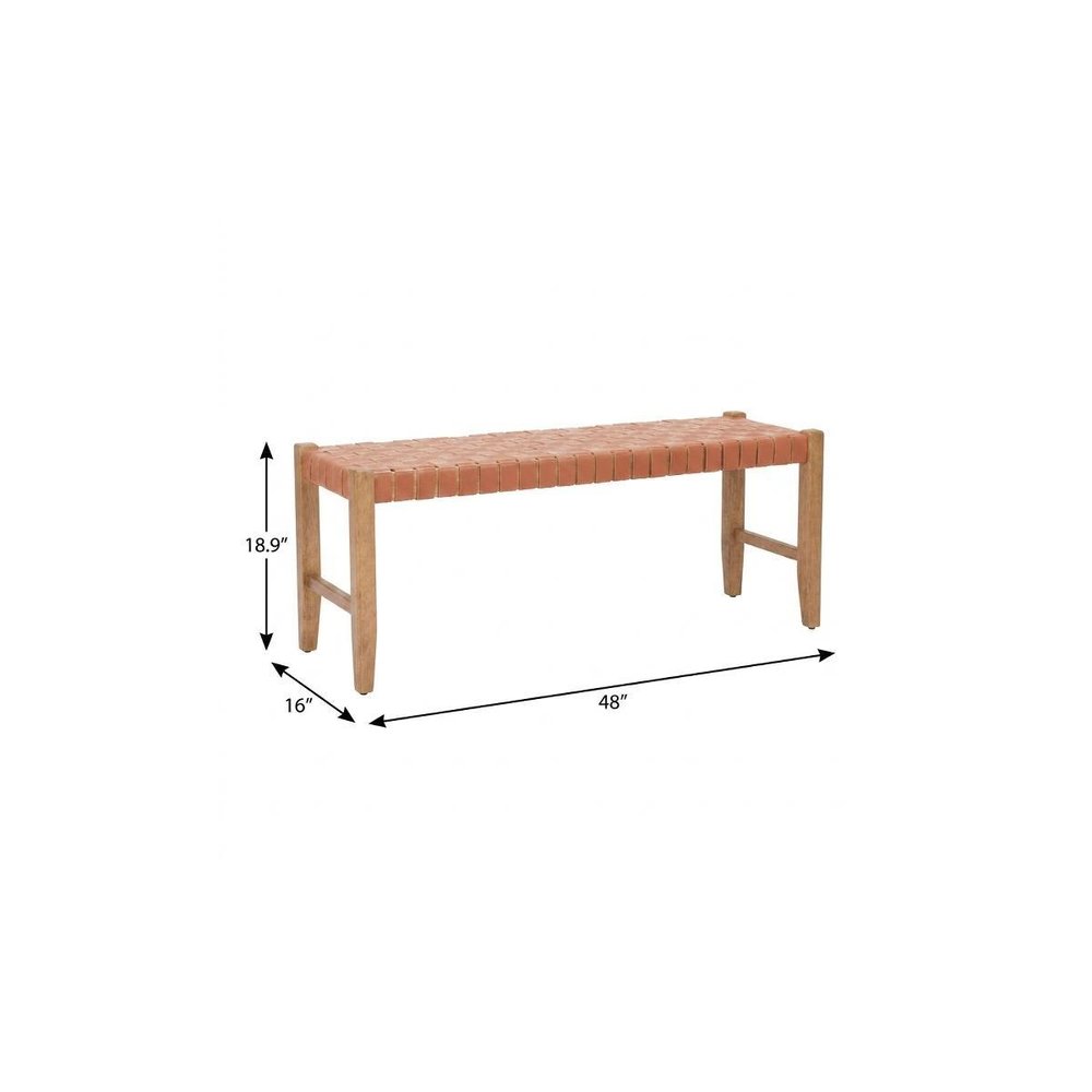 48" Tan and Natural Genuine Leather and Solid Wood Upholstered Dining Bench