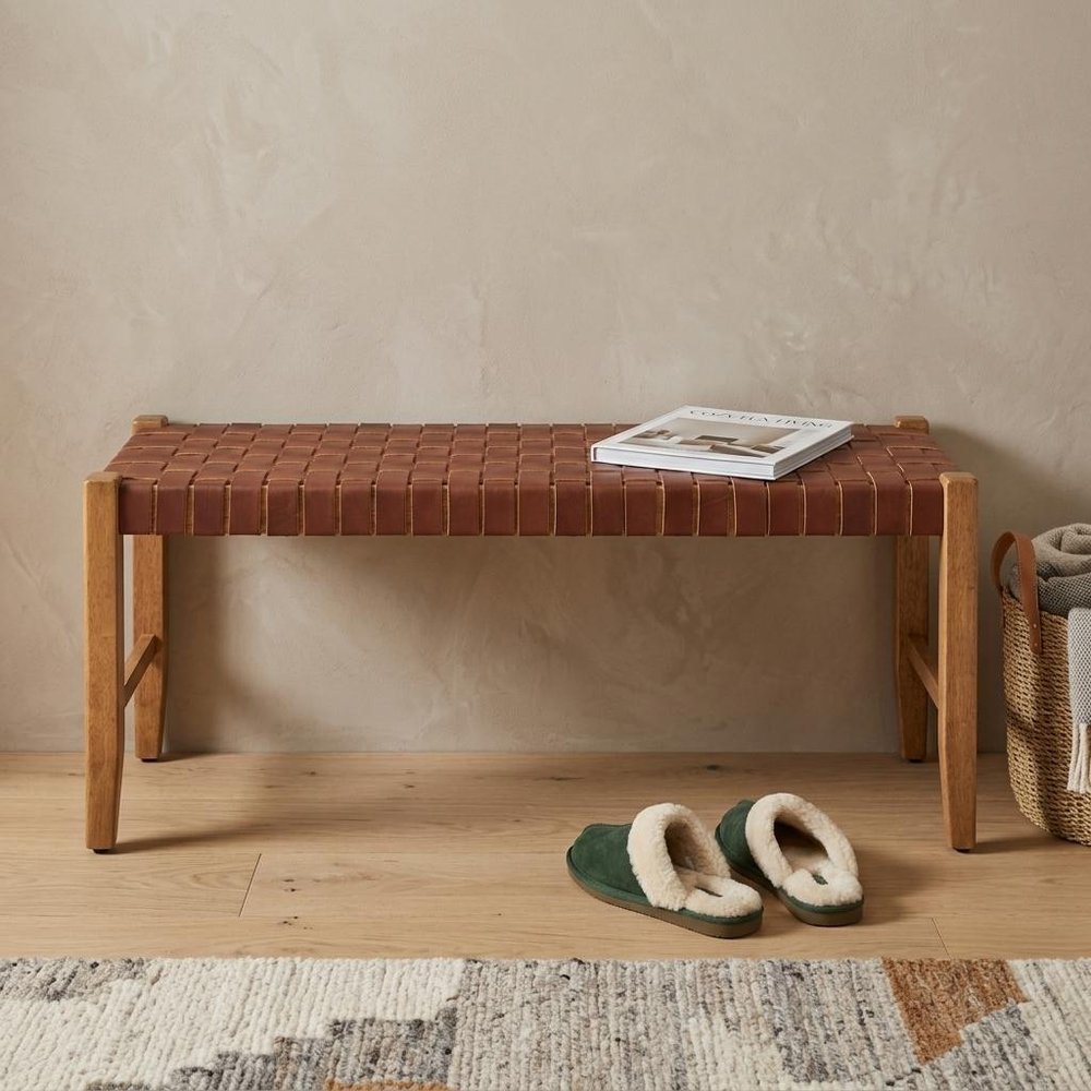 48" Tan and Natural Genuine Leather and Solid Wood Upholstered Dining Bench