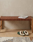 48" Tan and Natural Genuine Leather and Solid Wood Upholstered Dining Bench