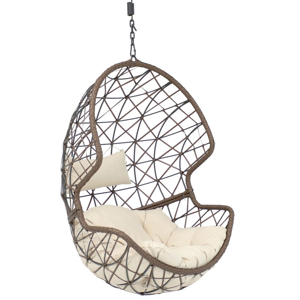 35" Brown Steel Outdoor Egg Chair with Beige Cushion