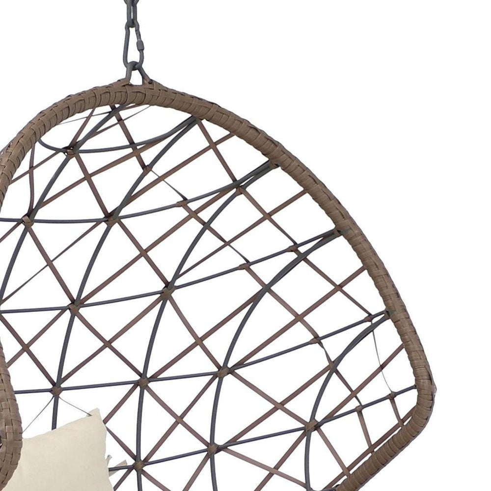 35" Brown Steel Outdoor Egg Chair with Beige Cushion