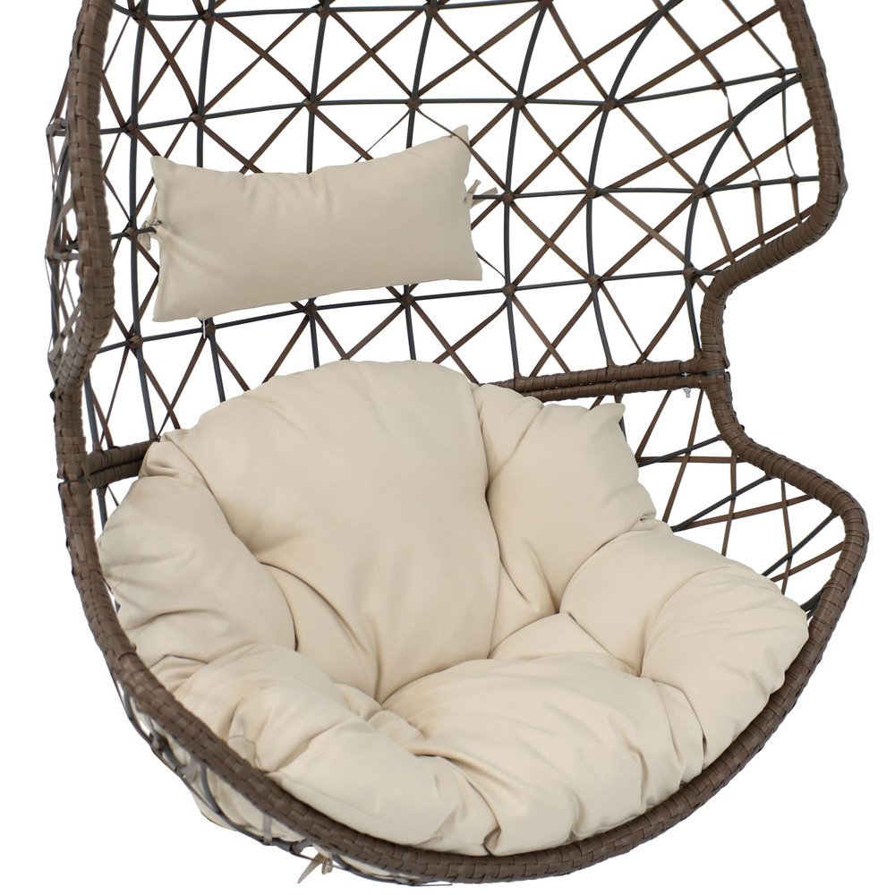 35" Brown Steel Outdoor Egg Chair with Beige Cushion