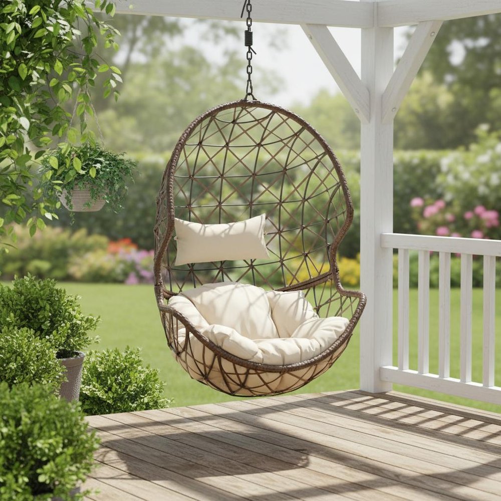 35" Brown Steel Outdoor Egg Chair with Beige Cushion