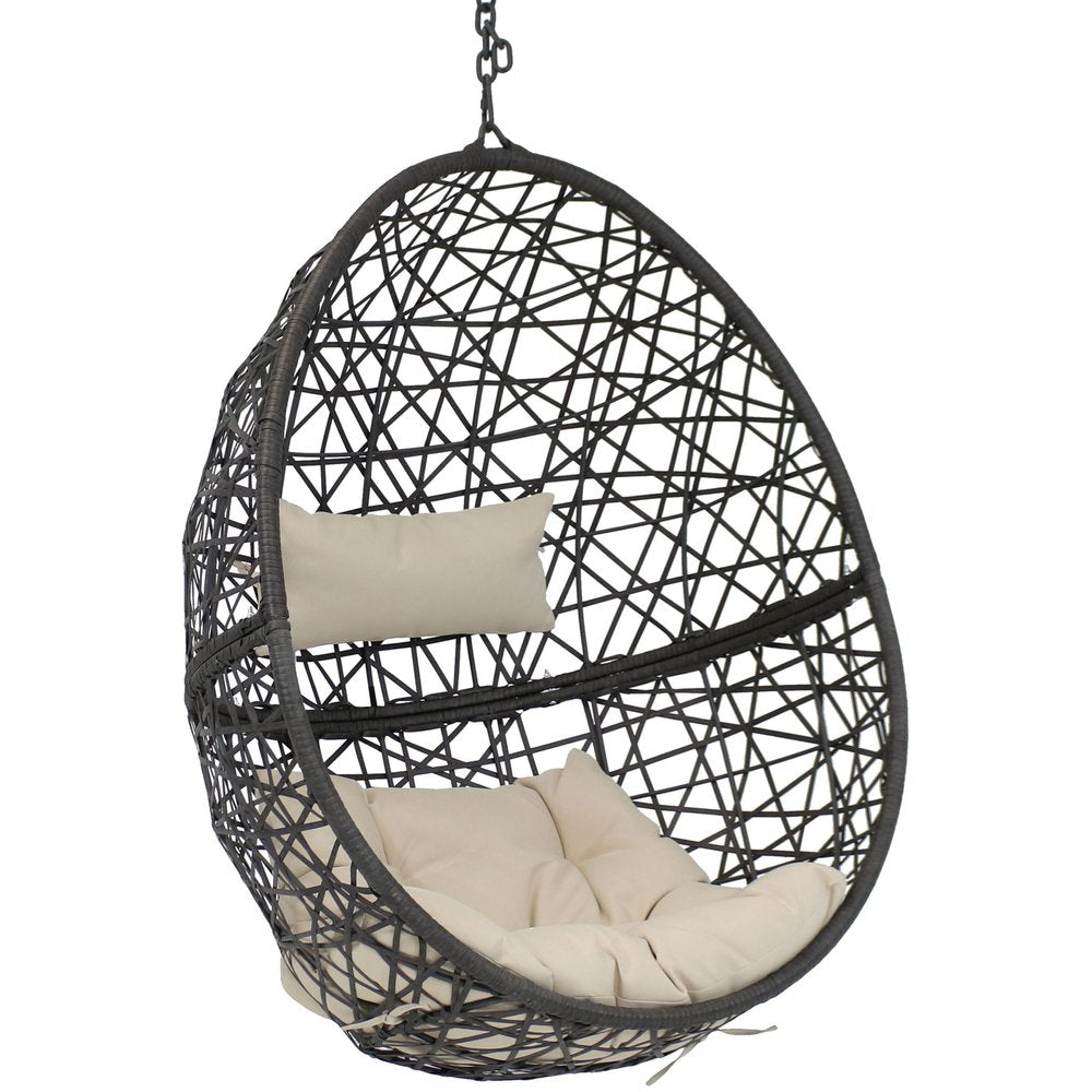 38" Black Steel Outdoor Egg Chair with Beige Cushion