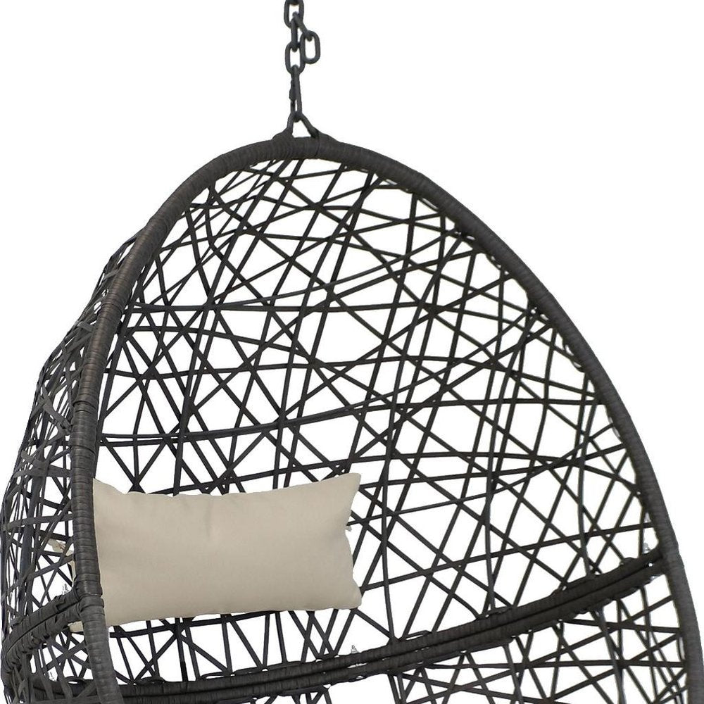 38" Black Steel Outdoor Egg Chair with Beige Cushion