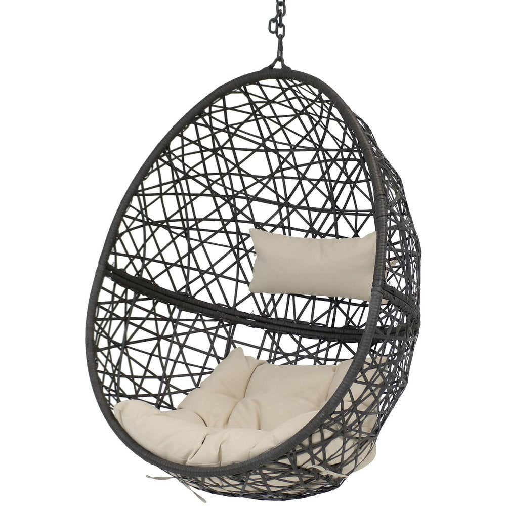 38" Black Steel Outdoor Egg Chair with Beige Cushion
