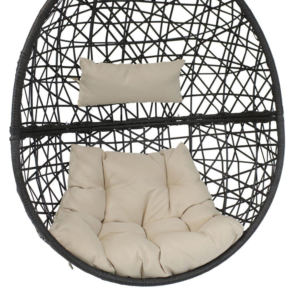 38" Black Steel Outdoor Egg Chair with Beige Cushion