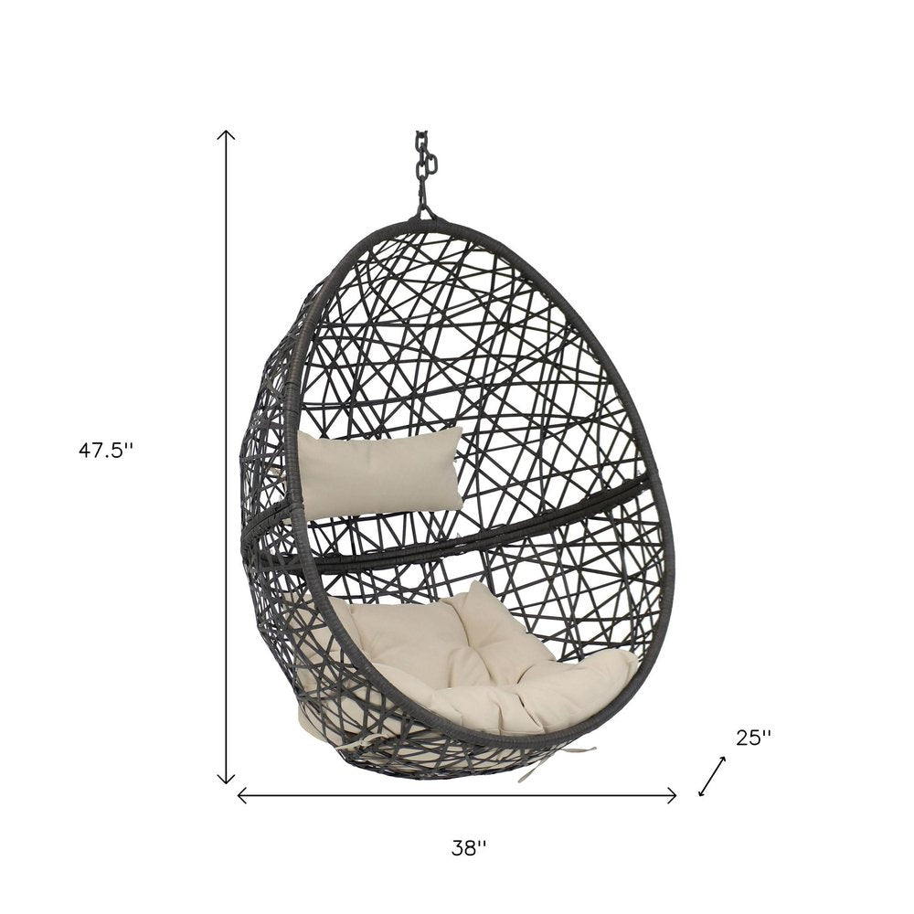 38" Black Steel Outdoor Egg Chair with Beige Cushion