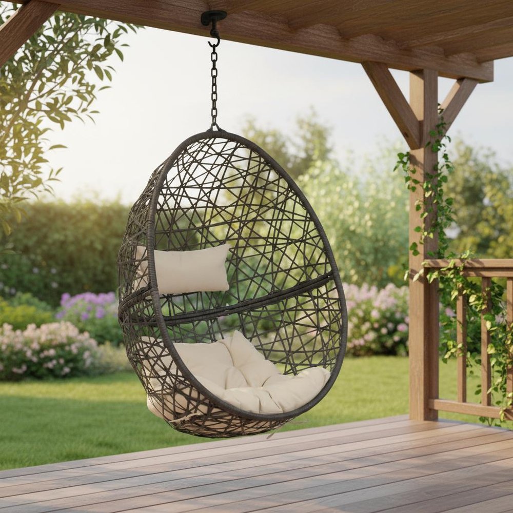 38" Black Steel Outdoor Egg Chair with Beige Cushion
