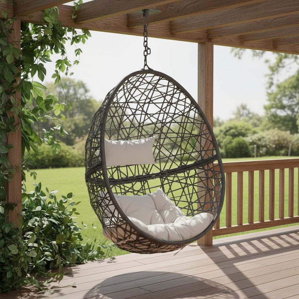 38" Black Steel Outdoor Egg Chair with Gray Cushion