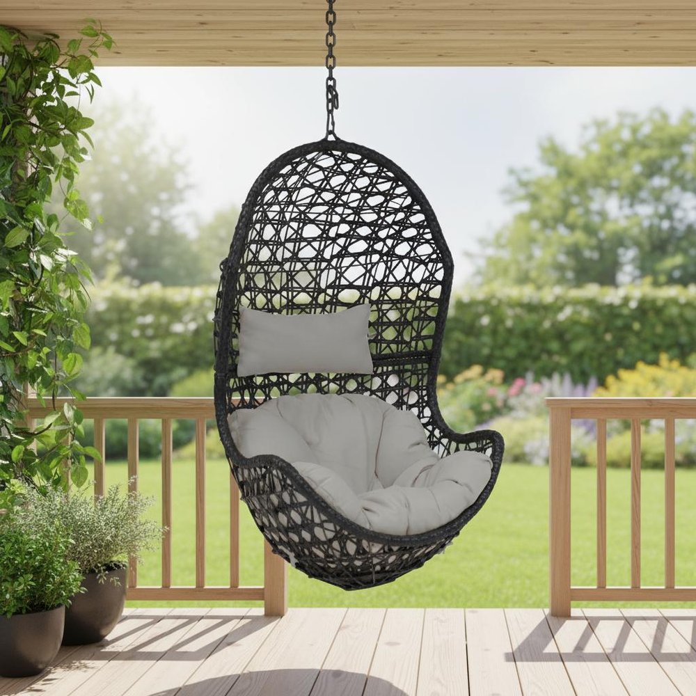 32" Black Steel Outdoor Egg Chair with Gray Cushion