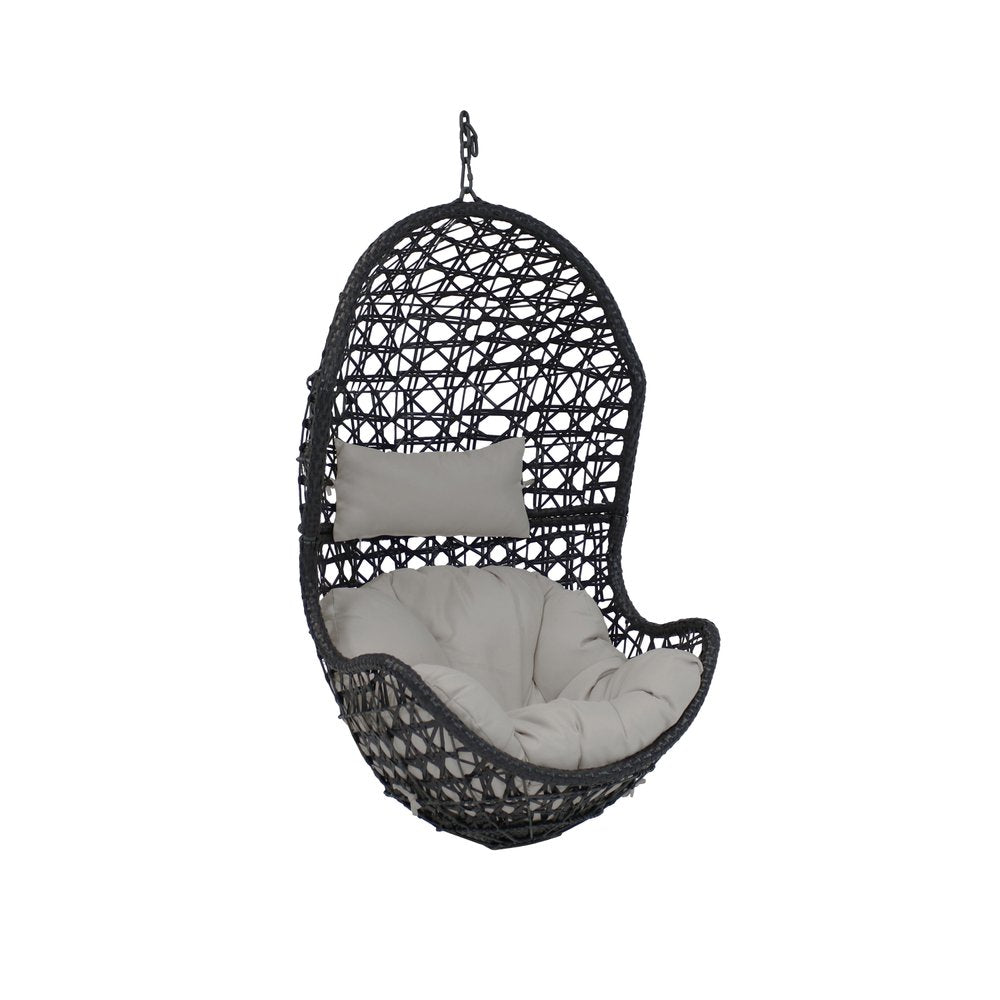 32" Black Steel Outdoor Egg Chair with Gray Cushion