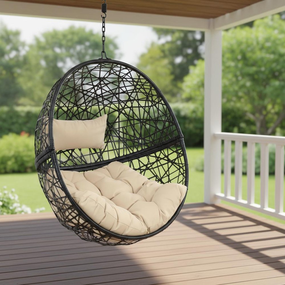 38" Black Steel Outdoor Egg Chair with Yellow Cushion