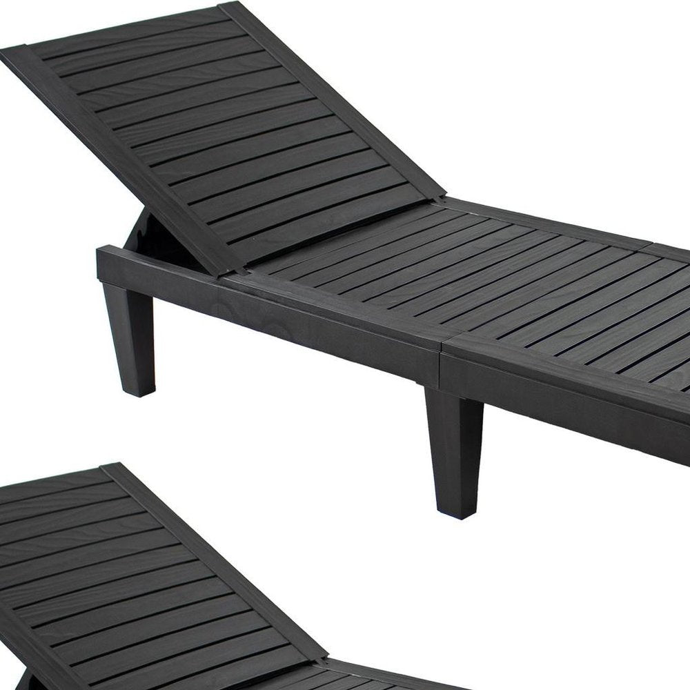 Set of Two Black Heavy Duty Plastic Five Position Adjustable Outdoor Chaise Lounges