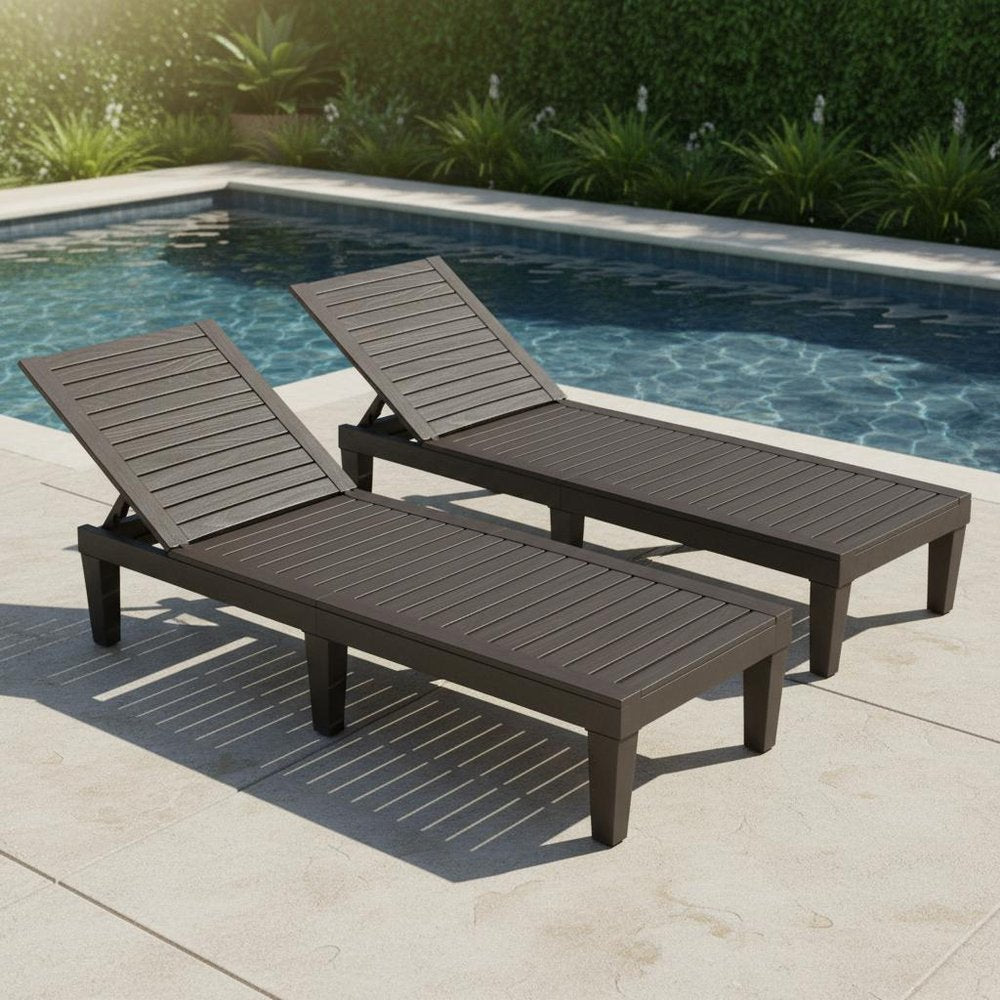 Set of Two Black Heavy Duty Plastic Five Position Adjustable Outdoor Chaise Lounges