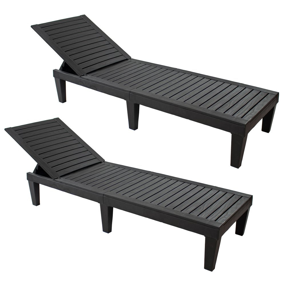 Set of Two Black Heavy Duty Plastic Five Position Adjustable Outdoor Chaise Lounges