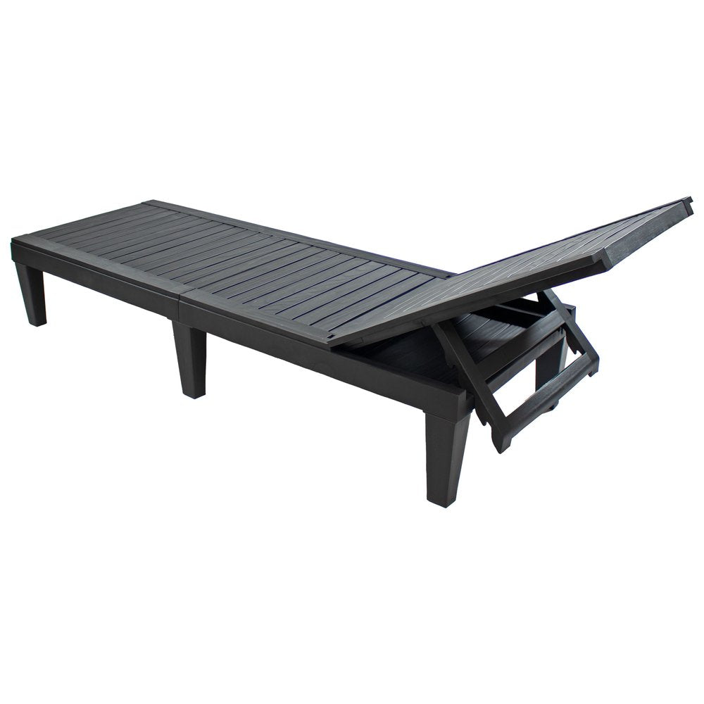 Set of Two Black Heavy Duty Plastic Five Position Adjustable Outdoor Chaise Lounges