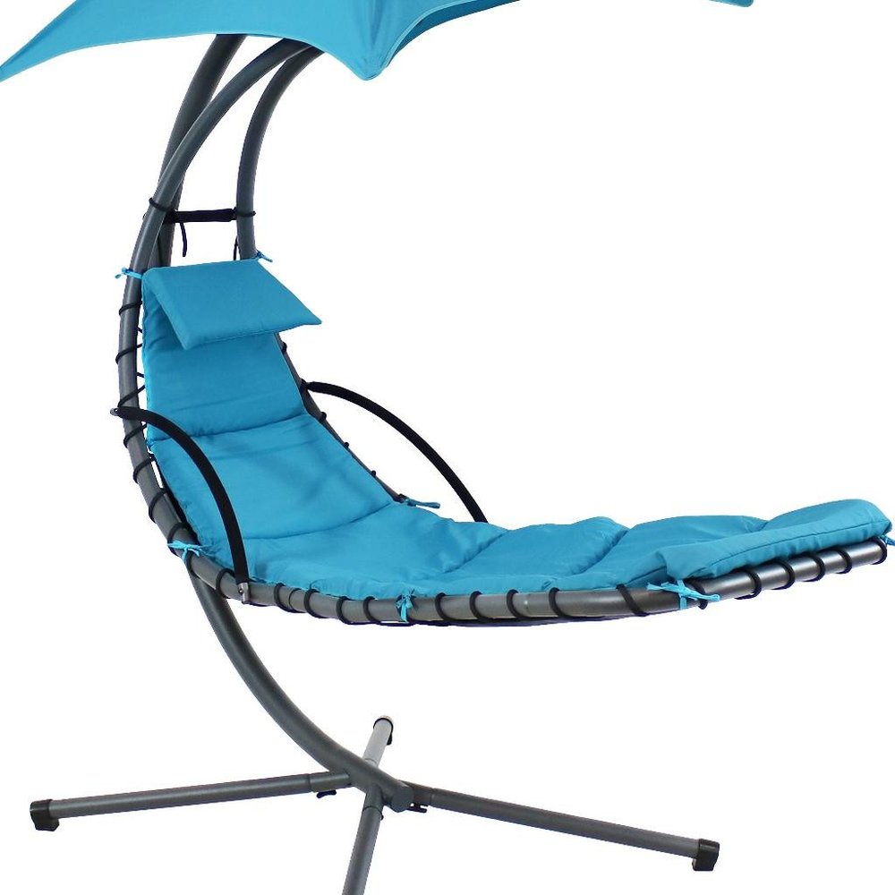 74" Black And Gray Steel Outdoor Chaise Lounge with Teal Blue Cushion With Canopy