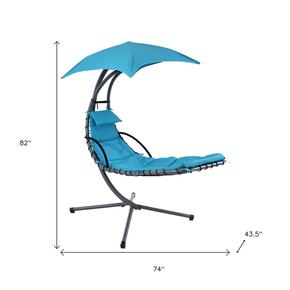 74" Black And Gray Steel Outdoor Chaise Lounge with Teal Blue Cushion With Canopy