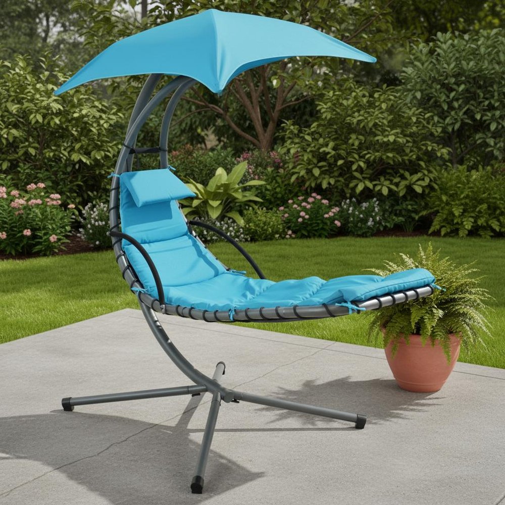74" Black And Gray Steel Outdoor Chaise Lounge with Teal Blue Cushion With Canopy