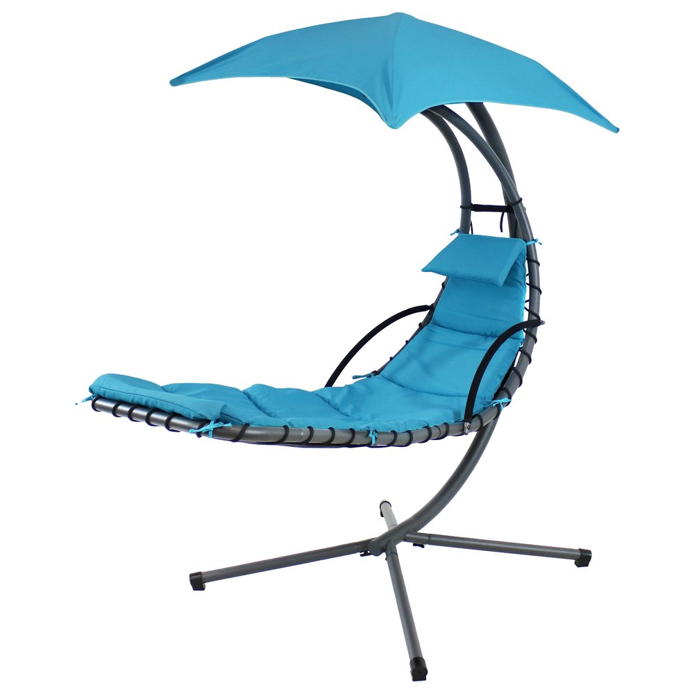 74" Black And Gray Steel Outdoor Chaise Lounge with Teal Blue Cushion With Canopy