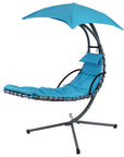 74" Black And Gray Steel Outdoor Chaise Lounge with Teal Blue Cushion With Canopy