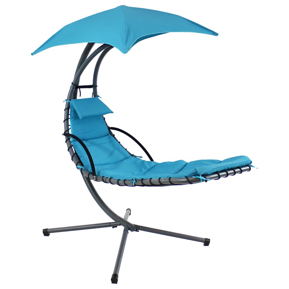 74" Black And Gray Steel Outdoor Chaise Lounge with Teal Blue Cushion With Canopy