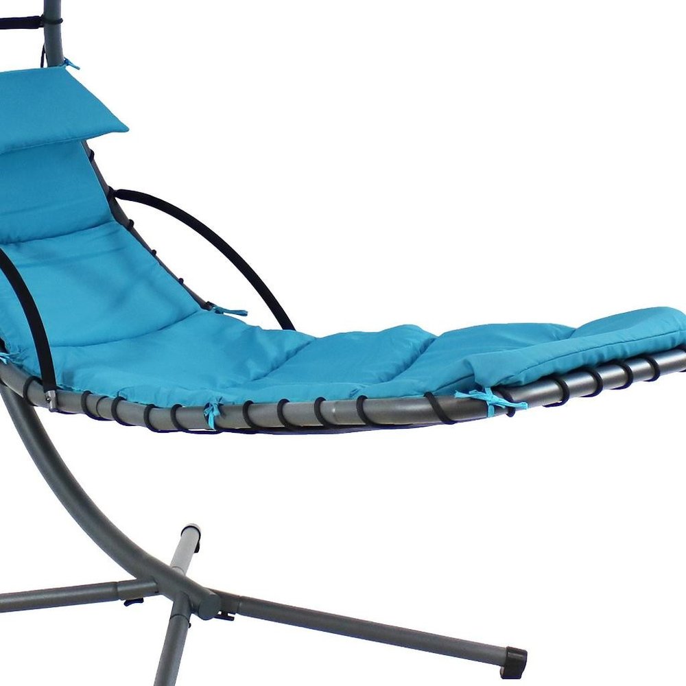 74" Black And Gray Steel Outdoor Chaise Lounge with Teal Blue Cushion With Canopy