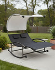 70" Black Steel Sling Outdoor Rocking Chaise Lounge With Canopy