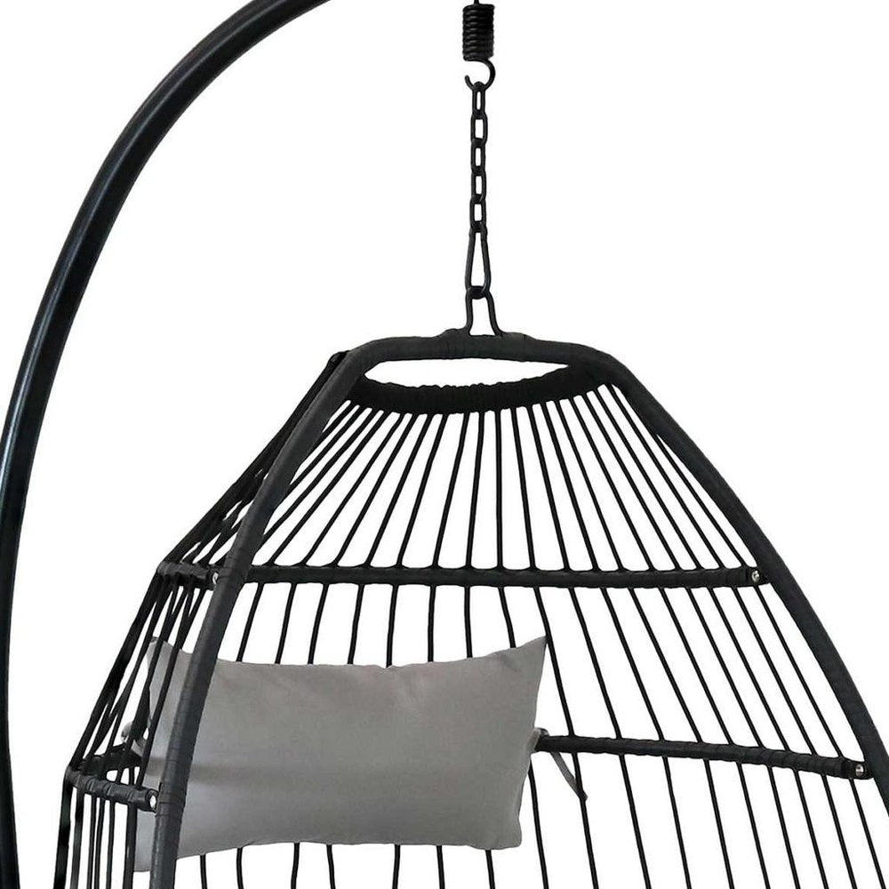 46" Black Steel Outdoor Folding Egg Chair with Gray Cushion