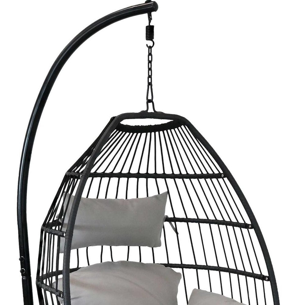 46" Black Steel Outdoor Folding Egg Chair with Gray Cushion
