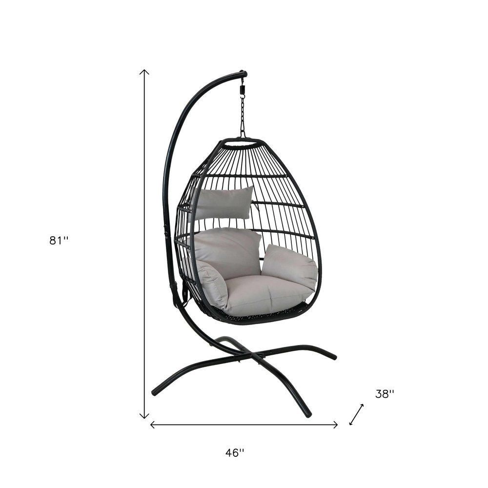 46" Black Steel Outdoor Folding Egg Chair with Gray Cushion