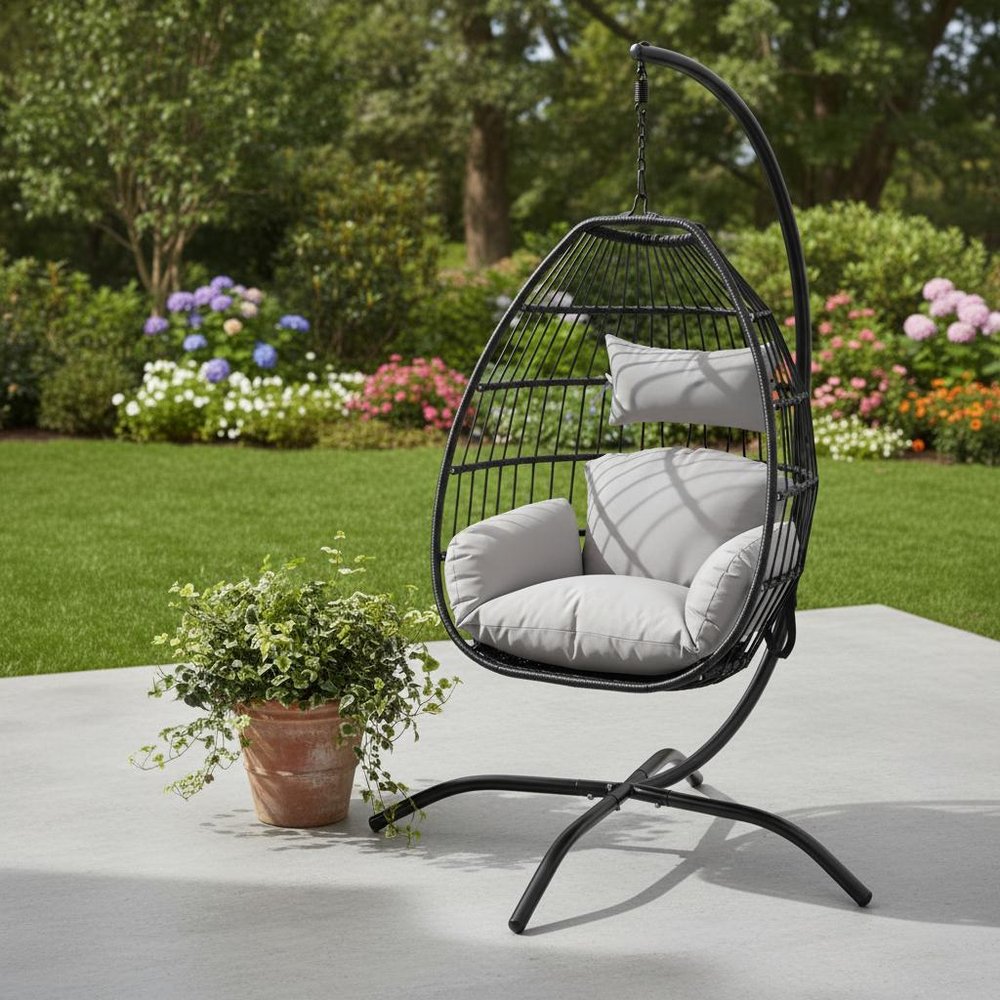 46" Black Steel Outdoor Folding Egg Chair with Gray Cushion
