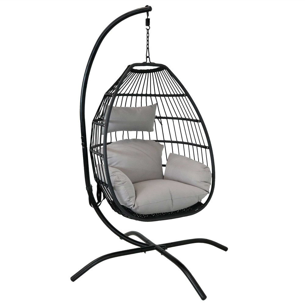 46" Black Steel Outdoor Folding Egg Chair with Gray Cushion