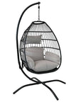 46" Black Steel Outdoor Folding Egg Chair with Gray Cushion