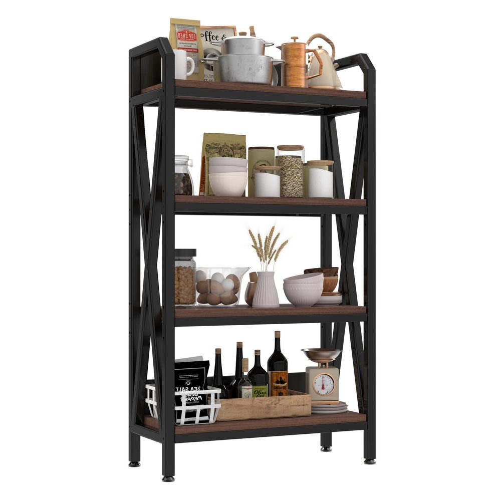56" Black And Brown Metal and Wood Four Tier Etagere Bookcase