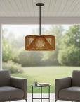 Natural And Black Rattan String And Metal LED Dimmable Outdoor Hanging Pendent Light