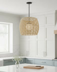 Natural And Black Rattan And Metal LED Dimmable Barrel Outdoor Hanging Pendent Light