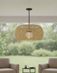 Natural And Black Rattan And Metal LED Dimmable Outdoor Hanging Pendent Light