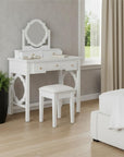 36" White Wood Mirrored Five Drawer Vanity Table