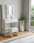 24" White Wood Mirrored Three Drawer Vanity Table And Lights