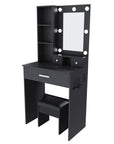 24" Black Wood Mirrored Three Drawer Vanity Table And Lights